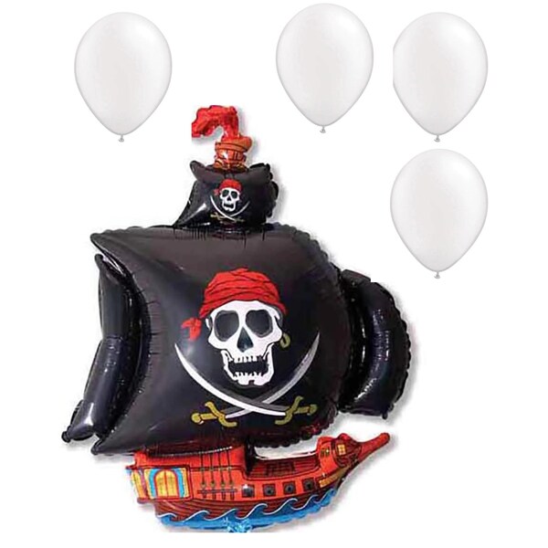 Loonballoon Pirates Balloons, 41 inch PIRATE SHIP - BLACK, 4 Pearl White Latex Set LOON-LAB-LAB274-FM - main