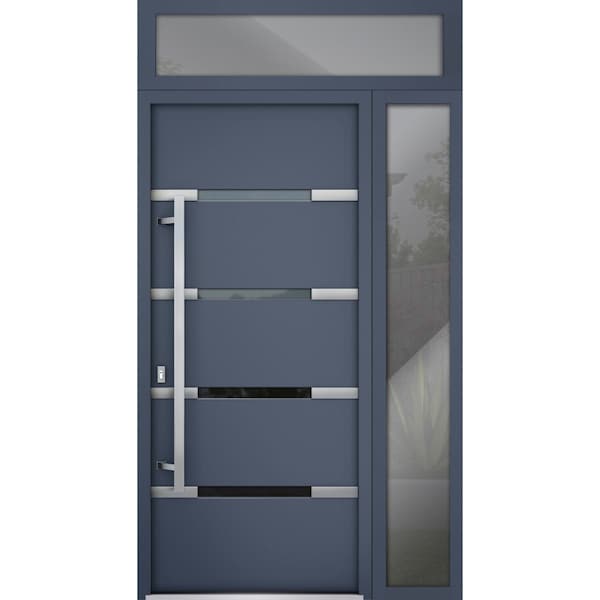 Vdomdoors Steel Door Deux 1105 Gray Graphite Sidelight and Transom Window Stainless Inserts Single Modern Pai DEUX1105EXD-GRE-W36+12xH80+16-RH-O - main