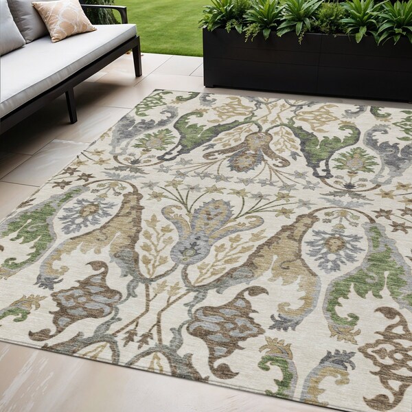 Homeroots 5' X 8' Ivory Green And Brown Floral Washable Indoor Outdoor Area Rug 605284 - main