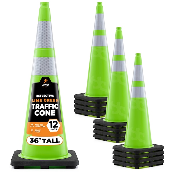 Xpose Safety Traffic Safety Cone, 36 in, Premium PVC, Dual 6 in & 4 in Reflective Collar, Lime Green, 12 pk LTC36-64-12-X - main