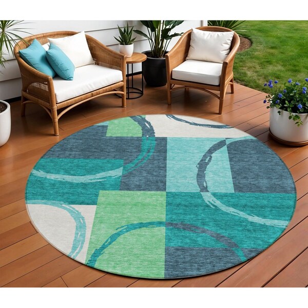 Homeroots 8' Teal Blue And Green Round Geometric Washable Indoor Outdoor Area Rug 612595 - main