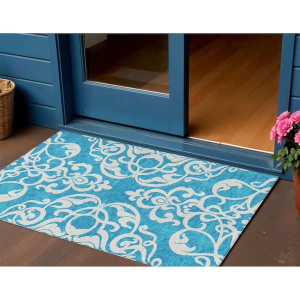 Homeroots 3' X 5' Turquoise And Ivory Damask Washable Indoor Outdoor Area Rug 614467 - main