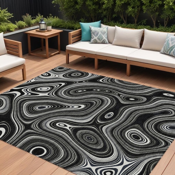 Homeroots 9' X 12' Black And Ivory Geometric Washable Indoor Outdoor Area Rug 631375 - main