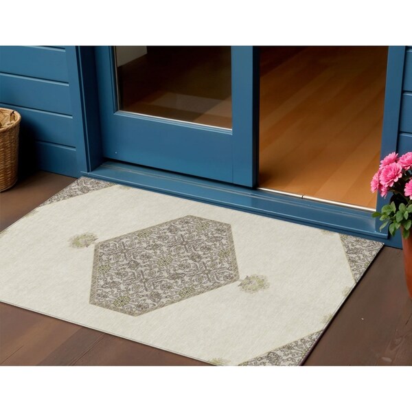 Homeroots 3' X 5' Ivory Beige And Gray Oriental Washable Indoor Outdoor Area Rug 598202 - main