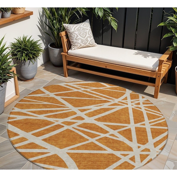 Homeroots 8' Copper And Beige Round Geometric Washable Indoor Outdoor Area Rug 600434 - main
