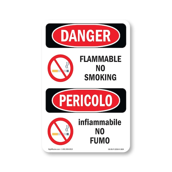 Signmission OSHA Danger Sign, Flammable No Smoking Bilingual, 18in X 12in Rigid Plastic, OS-DS-P-1218-VI-1824 OS-DS-P-1218-VI-1824 - main