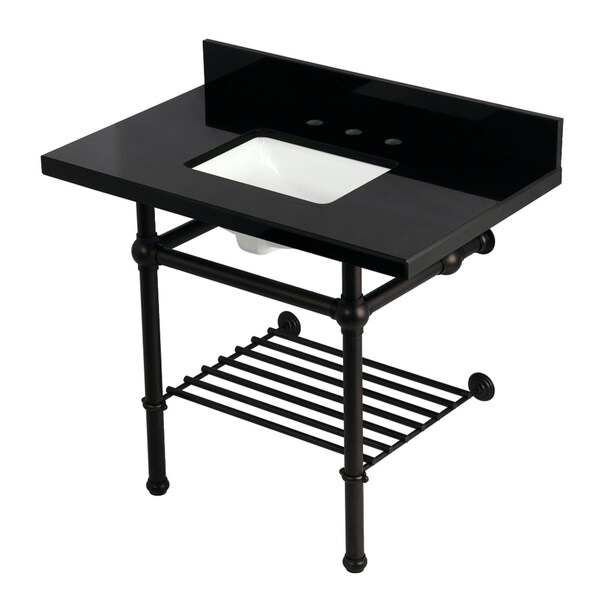 Kingston Brass 36-Inch Black Granite Console Sink with Brass Legs and Shelf, 8-Inch, 3-Hole KVPK3630KBSQB5 - main