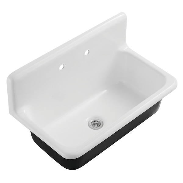 Kingston Brass 36" Cast Iron Single Bowl Wall Mount Kitchen Sink, 2-Hole with Strainer, White/Polished Chrome KGCKWS3620111 - main