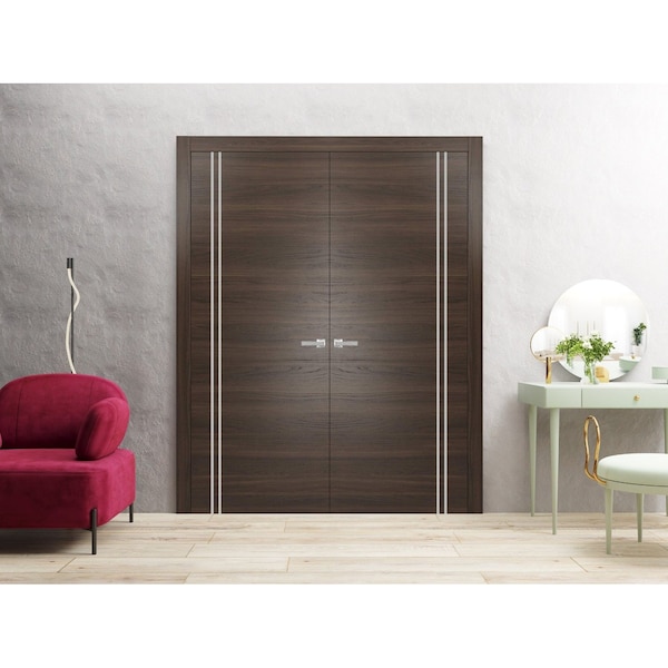 Sartodoors Solid French Double Doors, Planum 0310 Chocolate Ash and Aluminum Strips, Wood Solid Panel Frame Tr PLANUM0310DD-CA-36 - main
