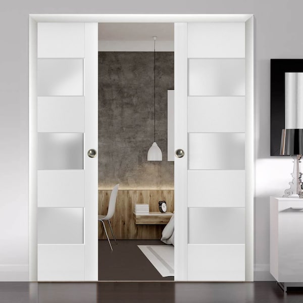 Sartodoors Sliding French Double Pocket Doors 3 Lites, Lucia 4070 White Silk with Frosted Glass, Kit Trims Rai LUCIA4070DP-WS-36 - main
