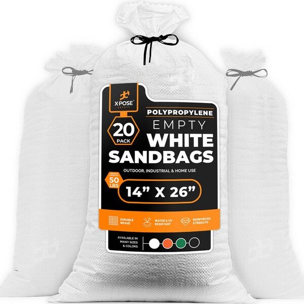 Xpose Safety Woven White Polypropylene Sandbags, 14x26 in, 50 lb Capacity, Reusable Flood Protection, 20PK SBW-1426-20-X - main