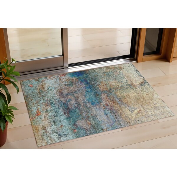 Homeroots 3' X 5' Teal Blue Orange And Beige Abstract Washable Indoor Outdoor Area Rug 631455 - main