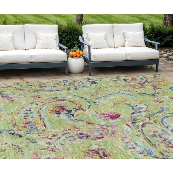 Homeroots 10' X 14' Artichoke Green And Pink Paisley Washable Indoor Outdoor Area Rug 588593 - main