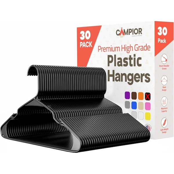 Campior Premium Black Clothes Hangers, Slim, Durable, with Shoulder Grooves for Coats and Laundry, 30PK CMPPLH30BK - main