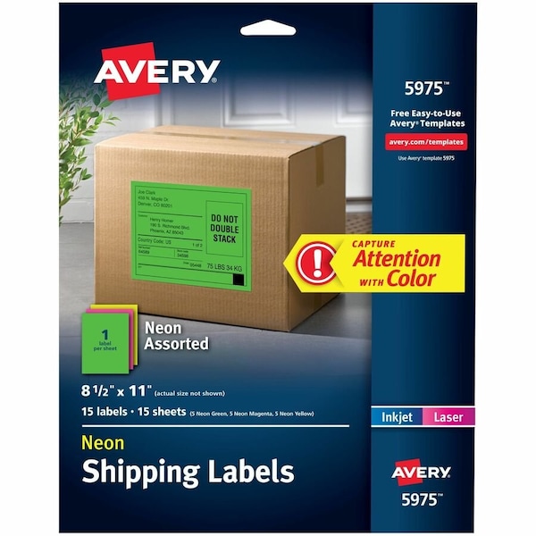 Avery High-Visibility Laser Labels, 8-1/2 x 11, Assorted Neons, 15/Pack 5975 - main