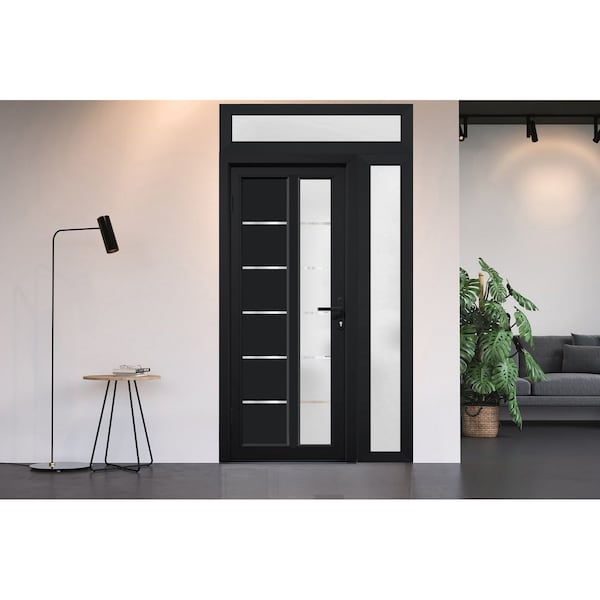 Vdomdoors Front Exterior Prehung FiberGlass Door Frosted Glass / Manux 8088 Matte Black / Sidelight and Trans MANUX8088EXD-BLK-W36+14 x H80+14-RH - main