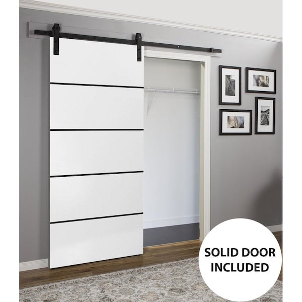 Sartodoors Sturdy Barn Door with Hardware, Planum 0015 White Silk and Aluminum Strips, 6.6FT Rail Hangers Heav PLANUM0015BD-B-WS-28 - main