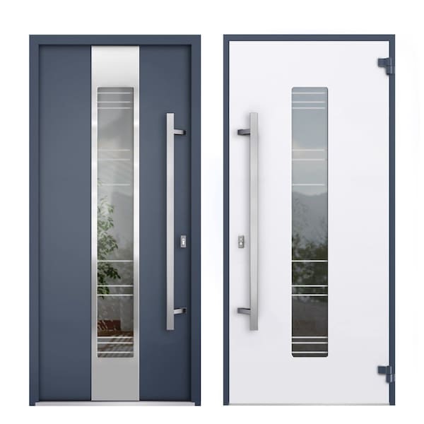 Vdomdoors Steel Door Deux 5755 Gray Graphite Sidelight Exterior Window Stainless Inserts Single Modern Painte DEUX5755EXD-GRE-W36+14 x H80-Left-hand Inswing - main