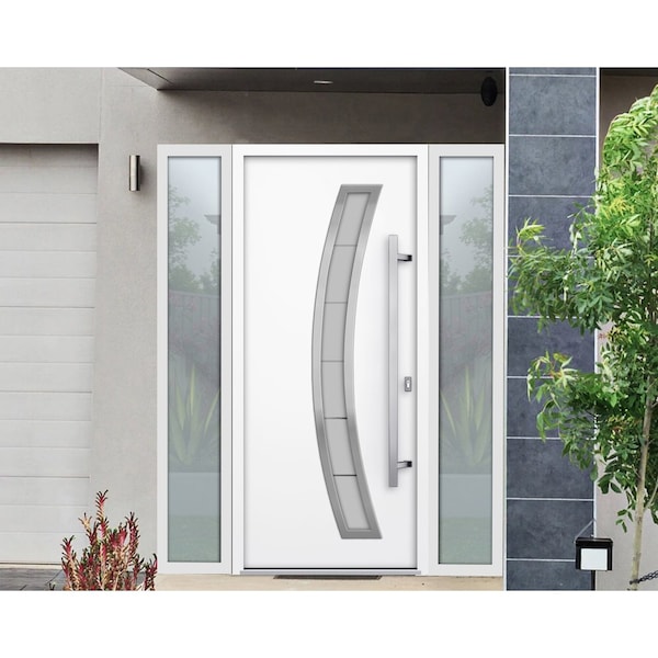 Vdomdoors Steel Door Deux 6500 White 2 Sidelight Exterior Windows Stainless Inserts Single Modern Painted-W14 DEUX6500EXD-WS-W14+36+14 x H80-Left-hand Inswing - main