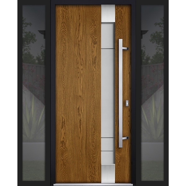 Vdomdoors Steel Door Deux 1713 Natural Oak 2 Sidelight Exterior Black Windows Stainless Inserts Single Modern DEUX1713EXD-OAKB-W14+36+14 x H80-Left-hand Inswing - main