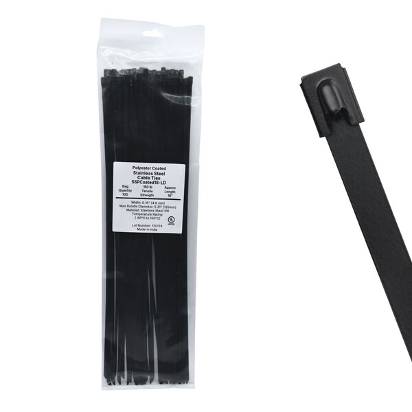 Cable Ties Unlimited Cable Tie, 18 in L, 150 lb Strength, 5.2 in Max Bundle Dia, Coated 316 Stainless Steel, Black, 100PK SSPCoated18-LD - main