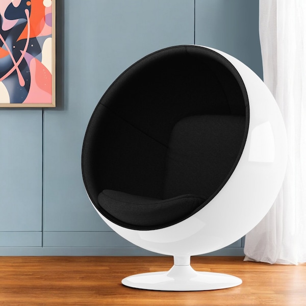 Homeroots 42" White And Black Fiberglass And Cotton Swivel Egg Chair 522851 - main