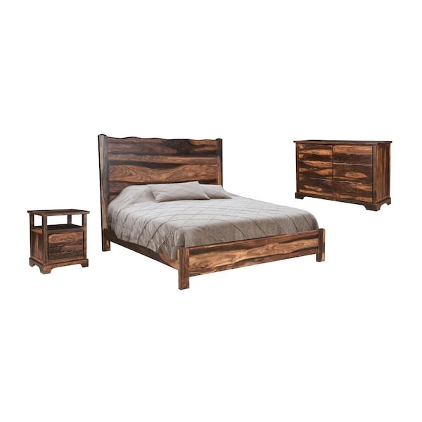 Homeroots Three Piece Dark Brown Solid Wood Bedroom Set 554233 - main