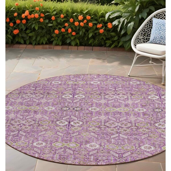 Homeroots 8' Round Lavender and Ivory Round Floral Washable Non Skid Indoor Outdoor Area Rug 564343 - main