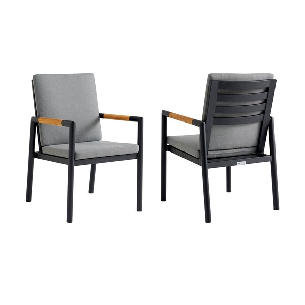 Armen Living Crown Black Aluminum and Teak Outdoor Dining Chair with Dark Gray Fabric - Set of 2 LCCRCHBL - main