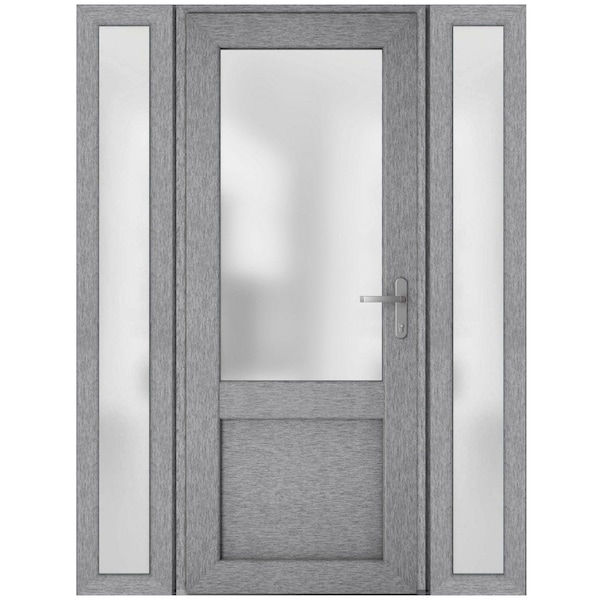 Vdomdoors Front Exterior Prehung FiberGlass Door Frosted Glass / Manux 8422 Grey Ash / 2 Sidelight Exterior W MANUX8422EXD-SS-W14+36+14 x H80-LH - main