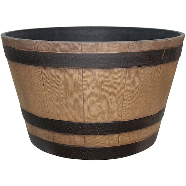 Southern Patio Planter, 15.4 in W, 9.1 in D, Round, Whiskey Barrel Design, Plastic, Natural Oak HDR-055440 - main
