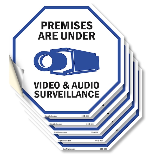 Signmission Premises Are Under Video & Audio Su, 6 inch X 6 inch, Vinyl Decal, 5PK OC-D-5PACK-6-20 - main