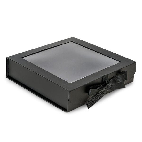 Nashville Wraps Black Folding Box with Window and Ribbon Closures, 8x8x2in, 18PK FBB8BK - main