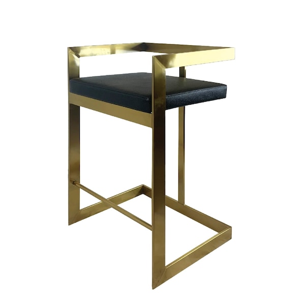 Homeroots 26" Black and Gold Faux Leather and Stainless Steel Low Back Counter Height Bar Chair 555098 - main