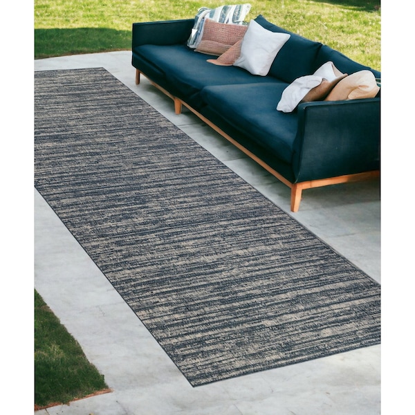 Homeroots 8' Runner Gray and Blue Striped Stain Resistant Indoor Outdoor Runner Rug 531664 - main