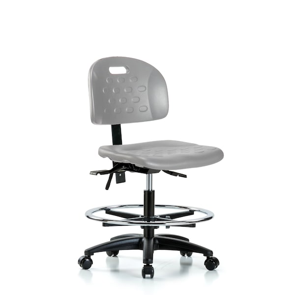 Blue Ridge Ergonomics Poly Chair - Medium Bench Height with Seat Tilt, Chrome Foot Ring, & Casters in Gray Poly HPMBCH-RG-T1-A0-CF-RC-GRY - main