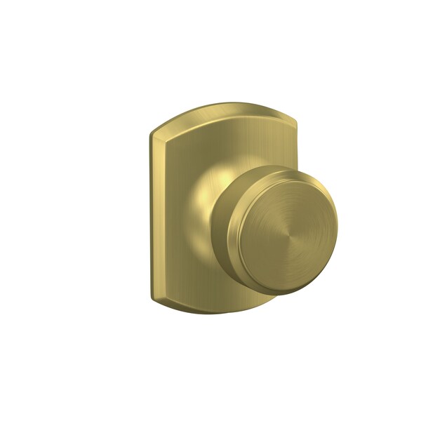 Schlage Residential Bowery Knob with Greenwich Rose Passage Lock with 16080 Latch and 10027 Strike Satin Brass Finish F10BWE608GRW - main