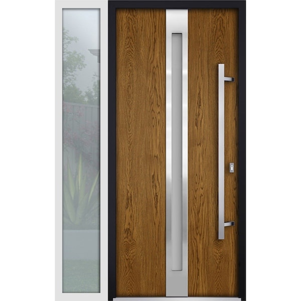 Vdomdoors Steel Door Deux 1744 Natural Oak Sidelight Exterior White Window Stainless Inserts Single Modern Pa DEUX1744EXD-OAKW-W36+12xH80-LH-O - main