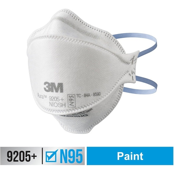 3M Particulate Respirator, N95, Aura, Flat-Fold, Low-Profile, 3-Panel, Nose Clip, White, 10 pk 9205PH10-DC - main