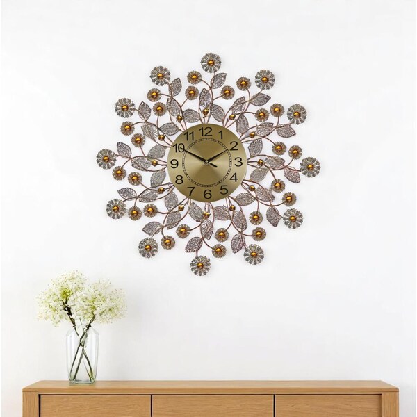 Homeroots 27" Gold And Black Metal And Faux Crystal Silent Analog FloralWall Clock 626544 - main