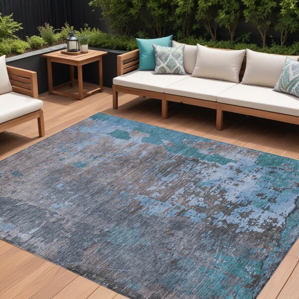 Homeroots 10' X 14' Teal Blue Taupe And Sky Blue Abstract Washable Indoor Outdoor Area Rug 618243 - main