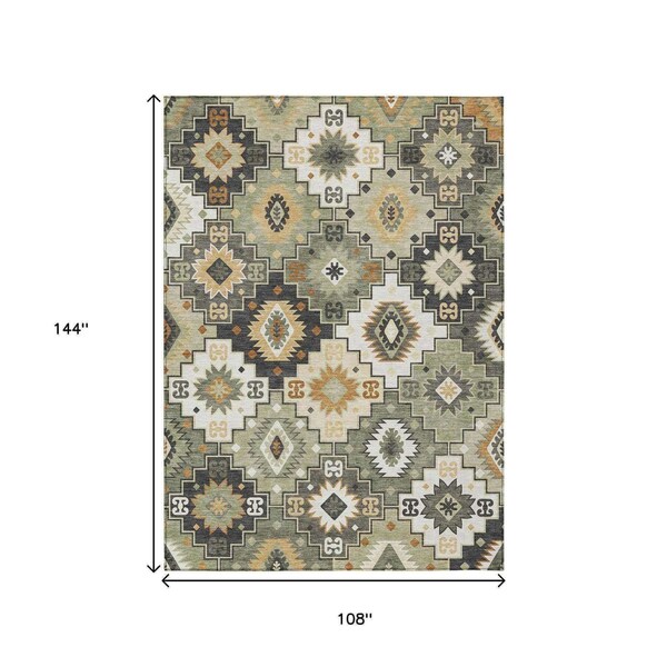 Homeroots 9' X 12' Fern Green Gold And Charcoal Southwestern Washable Indoor Outdoor Area Rug 632267 - main