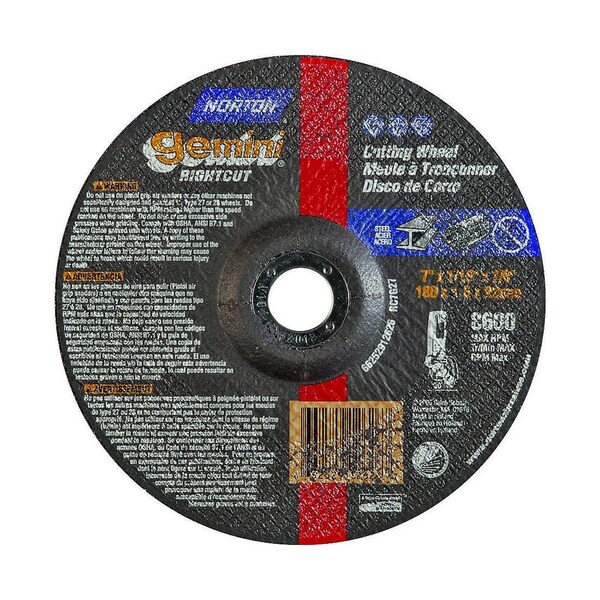 Norton Co Cut-Off Wheel, 7 in Dia, 0.045 in Thick, 7/8 in Arbor, 24 Grit, Extra Coarse Black 66252912626 - main