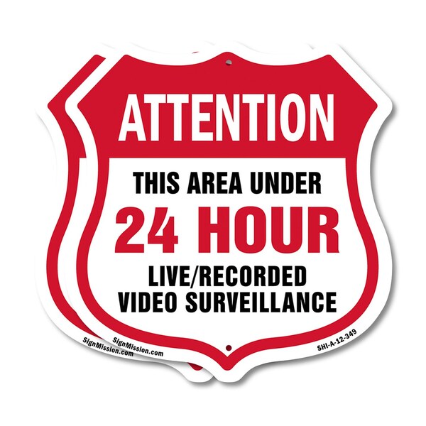 Signmission 24 Hour Surveillance Shield Sign Attenti, 12 inch X 12 inch, Plastic Sign, 2PK SHI-P-2PACK-12-349 - main