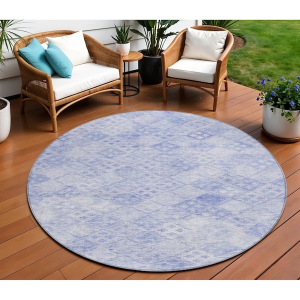 Homeroots 8' Sky Blue And Ivory Round Geometric Washable Indoor Outdoor Area Rug 603295 - main