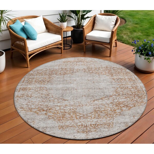Homeroots 8' Copper And Beige Round Floral Washable Indoor Outdoor Area Rug 605081 - main