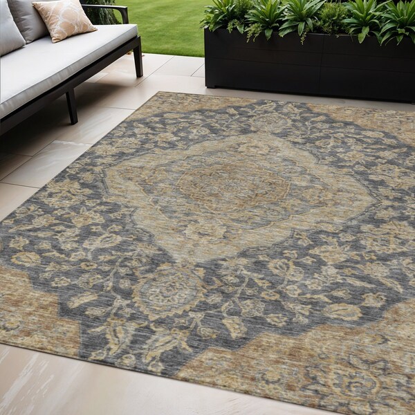 Homeroots 5' X 8' Charcoal Gray And Brown Oriental Washable Indoor Outdoor Area Rug 605230 - main