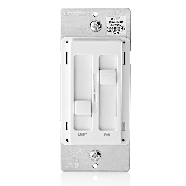 Leviton SureSlide Ceiling Fan Control and Dimmer Switch for LED, Halogen and Incandescent Bulbs - White 66DF-10W - main