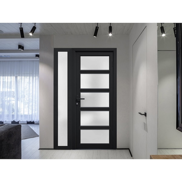 Vdomdoors Front Exterior Prehung FiberGlass Door Frosted Glass / Manux 8002 Matte Black / Sidelight Exterior MANUX8002EXD-BLK-W36+14 x H80-LH - main