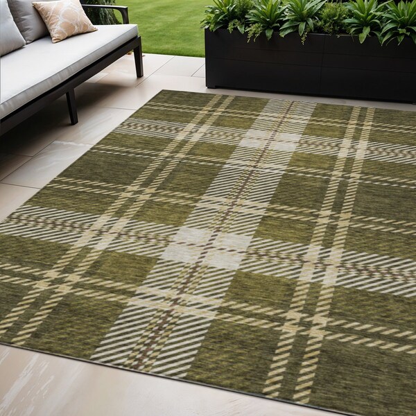 Homeroots 5' X 8' Olive Green Gold And Brown Plaid Washable Indoor Outdoor Area Rug 596352 - main